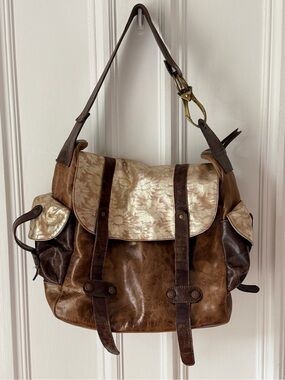Cervato Distressed Brown Leather Satchel Shoulder Bag Metallic Gold Flower Flap